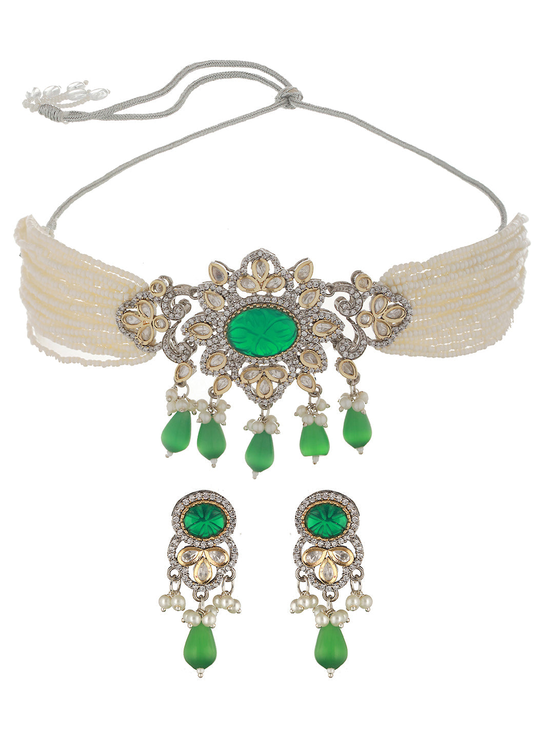 White & Green Studded Pearl Beaded Multistrand Handcrafted Choker Jewellery Set, zaveri pearls, sale price rs, sale price, sale gold plated, sale gold, sale, rubans, ring, regular price, priy
